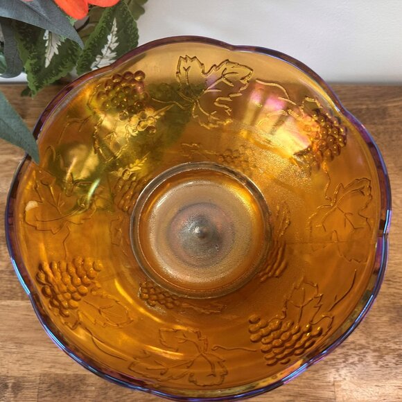 Indiana Glass Marigold Carnival Glass Compote Harvest‎ Grape Pedestal Bowl MCM - Picture 4 of 6